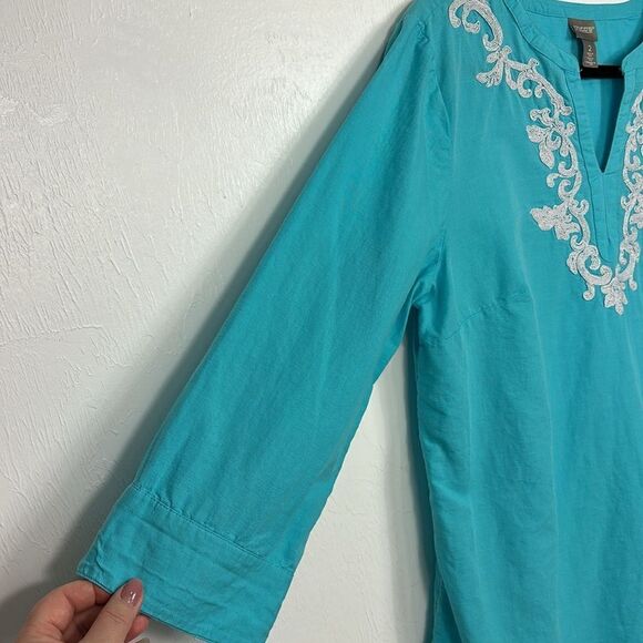 Chico’s Embroidered Linen Blend Tunic Popover Top In Blue Size L - Picture 3 of 9